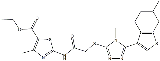 ethyl 4-methyl-2-(2-((4-methyl-5-(6-methyl-4,5,6,7-tetrahydrobenzo[b]thiophen-3-yl)-4H-1,2,4-triazol-3-yl)thio)acetamido)thiazole-5-carboxylate Struktur