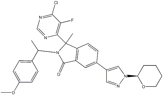 3-(6-chloro-5-fluoropyrimidin-4-yl)-2-((R)-1-(4-methoxyphenyl)ethyl)-3-methyl-6-(1-(tetrahydro-2H-pyran-2-yl)-1H-pyrazol-4-yl)isoindolin-1-one Struktur