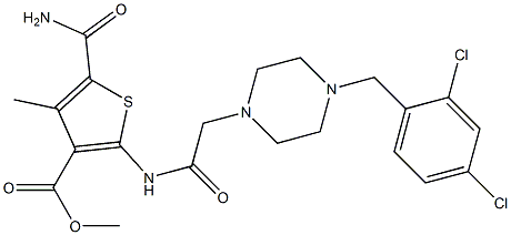 methyl 5-carbamoyl-2-(2-(4-(2,4-dichlorobenzyl)piperazin-1-yl)acetamido)-4-methylthiophene-3-carboxylate Struktur