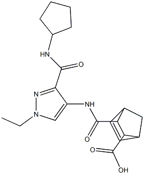 3-((3-(cyclopentylcarbamoyl)-1-ethyl-1H-pyrazol-4-yl)carbamoyl)bicyclo[2.2.1]hept-5-ene-2-carboxylic acid Struktur