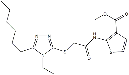 methyl 2-(2-((4-ethyl-5-hexyl-4H-1,2,4-triazol-3-yl)thio)acetamido)thiophene-3-carboxylate Struktur