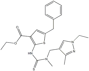 ethyl 5-benzyl-2-(3-((1-ethyl-3-methyl-1H-pyrazol-4-yl)methyl)-3-methylthioureido)thiophene-3-carboxylate Struktur