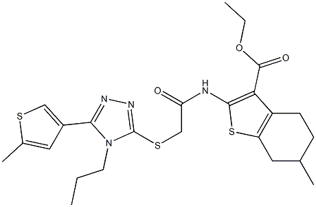 ethyl 6-methyl-2-(2-((5-(5-methylthiophen-3-yl)-4-propyl-4H-1,2,4-triazol-3-yl)thio)acetamido)-4,5,6,7-tetrahydrobenzo[b]thiophene-3-carboxylate Struktur