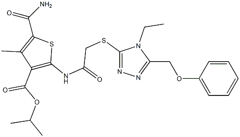 isopropyl 5-carbamoyl-2-(2-((4-ethyl-5-(phenoxymethyl)-4H-1,2,4-triazol-3-yl)thio)acetamido)-4-methylthiophene-3-carboxylate Struktur