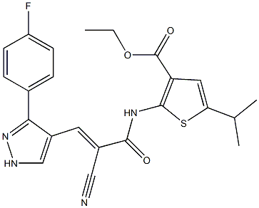 (E)-ethyl 2-(2-cyano-3-(3-(4-fluorophenyl)-1H-pyrazol-4-yl)acrylamido)-5-isopropylthiophene-3-carboxylate Struktur