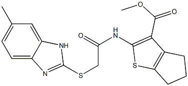 methyl 2-(2-((6-methyl-1H-benzo[d]imidazol-2-yl)thio)acetamido)-5,6-dihydro-4H-cyclopenta[b]thiophene-3-carboxylate Struktur