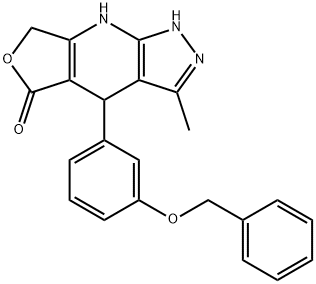 4-(3-(benzyloxy)phenyl)-3-methyl-4,7-dihydro-1H-furo[3,4-b]pyrazolo[4,3-e]pyridin-5(2H)-one Struktur