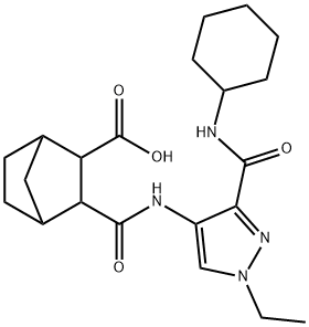 3-((3-(cyclohexylcarbamoyl)-1-ethyl-1H-pyrazol-4-yl)carbamoyl)bicyclo[2.2.1]heptane-2-carboxylic acid Struktur