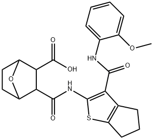 3-((3-((2-methoxyphenyl)carbamoyl)-5,6-dihydro-4H-cyclopenta[b]thiophen-2-yl)carbamoyl)-7-oxabicyclo[2.2.1]heptane-2-carboxylic acid Struktur