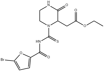 ethyl (1-{[(5-bromo-2-furoyl)amino]carbonothioyl}-3-oxo-2-piperazinyl)acetate Struktur