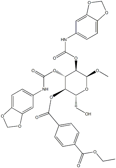 ethyl 4-(((2R,3R,4S,5R,6S)-4,5-bis(benzo[d][1,3]dioxol-5-ylcarbamoyloxy)-2-(hydroxymethyl)-6-methoxy-tetrahydro-2H-pyran-3-yloxy)carbonyl)benzoate Struktur