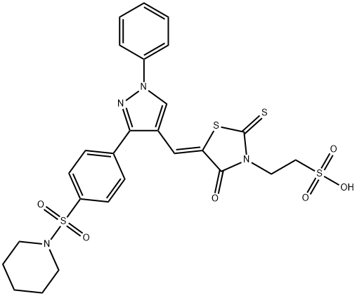 (Z)-2-(4-oxo-5-((1-phenyl-3-(4-(piperidin-1-ylsulfonyl)phenyl)-1H-pyrazol-4-yl)methylene)-2-thioxothiazolidin-3-yl)ethanesulfonic acid Struktur