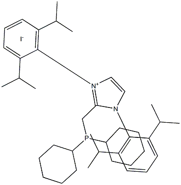 2-((Dicyclohexylphosphino)methyl)-1,3-bis(2,6-diisopropylphenyl)-1H-imidazol-3-ium iodide Struktur