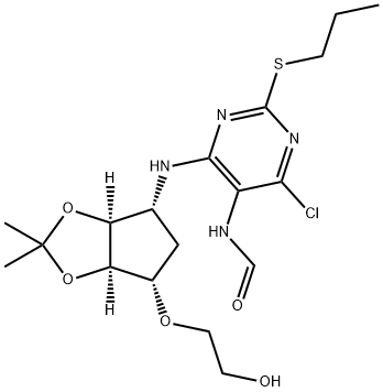 N-(4-chloro-6-(((3aS,4R,6S,6aR)-6-(2-hydroxyethoxy)-2,2-dimethyltetrahydro-4H-cyclopenta[d][1,3]dioxol-4-yl)amino)-2-(propylthio)pyrimidin-5-yl)formamide Struktur