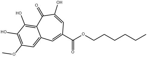 5H-Benzocycloheptene-8-carboxylic acid, 3,4,6-trihydroxy-2-methoxy-5-oxo-, hexyl ester Struktur