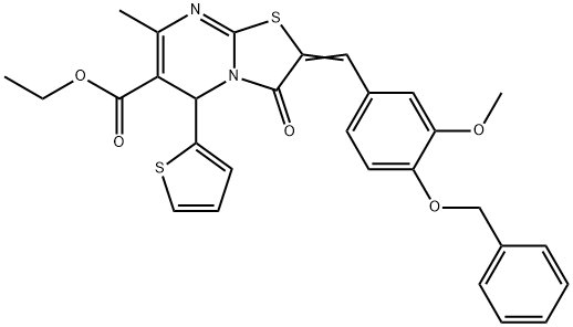 ethyl (2Z)-2-[4-(benzyloxy)-3-methoxybenzylidene]-7-methyl-3-oxo-5-(thiophen-2-yl)-2,3-dihydro-5H-[1,3]thiazolo[3,2-a]pyrimidine-6-carboxylate Struktur