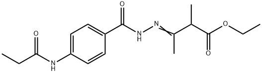 ethyl (3E)-2-methyl-3-(2-{[4-(propanoylamino)phenyl]carbonyl}hydrazinylidene)butanoate Struktur