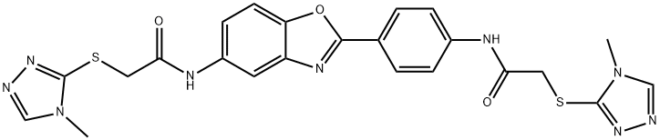 2-[(4-methyl-4H-1,2,4-triazol-3-yl)sulfanyl]-N-{4-[5-({[(4-methyl-4H-1,2,4-triazol-3-yl)sulfanyl]acetyl}amino)-1,3-benzoxazol-2-yl]phenyl}acetamide Struktur