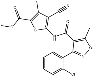 methyl 5-({[3-(2-chlorophenyl)-5-methyl-4-isoxazolyl]carbonyl}amino)-4-cyano-3-methyl-2-thiophenecarboxylate Struktur