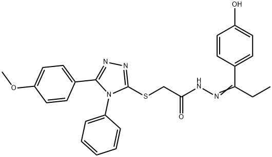 N'-[(1E)-1-(4-hydroxyphenyl)propylidene]-2-{[5-(4-methoxyphenyl)-4-phenyl-4H-1,2,4-triazol-3-yl]sulfanyl}acetohydrazide Struktur