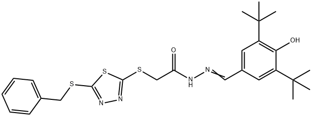 (E)-2-((5-(benzylthio)-1,3,4-thiadiazol-2-yl)thio)-N'-(3,5-di-tert-butyl-4-hydroxybenzylidene)acetohydrazide Struktur