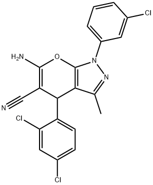 6-amino-1-(3-chlorophenyl)-4-(2,4-dichlorophenyl)-3-methyl-1,4-dihydropyrano[2,3-c]pyrazole-5-carbonitrile Struktur