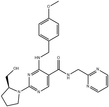 5-Pyrimidinecarboxamide, 2-[(2S)-2-(hydroxymethyl)-1-pyrrolidinyl]-4-[[(4-methoxyphenyl)methyl]amino]-N-(2-pyrimidinylmethyl)- Struktur