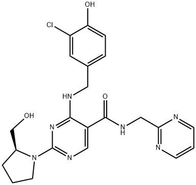 5-Pyrimidinecarboxamide, 4-[[(3-chloro-4-hydroxyphenyl)methyl]amino]-2-[(2S)-2-(hydroxymethyl)-1-pyrrolidinyl]-N-(2-pyrimidinylmethyl)- Struktur