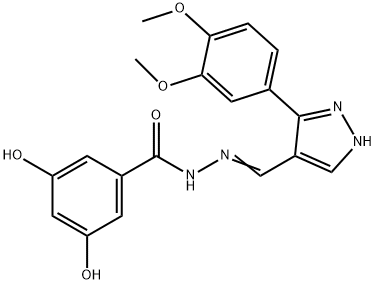 (Z)-N'-((3-(3,4-dimethoxyphenyl)-1H-pyrazol-4-yl)methylene)-3,5-dihydroxybenzohydrazide Struktur