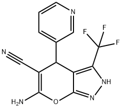 6-amino-4-(pyridin-3-yl)-3-(trifluoromethyl)-1,4-dihydropyrano[2,3-c]pyrazole-5-carbonitrile Struktur