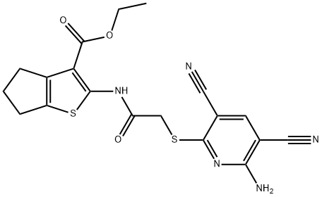 ethyl 2-({[(6-amino-3,5-dicyanopyridin-2-yl)sulfanyl]acetyl}amino)-5,6-dihydro-4H-cyclopenta[b]thiophene-3-carboxylate Struktur