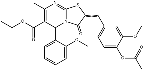 (Z)-ethyl 2-(4-acetoxy-3-ethoxybenzylidene)-5-(2-methoxyphenyl)-7-methyl-3-oxo-3,5-dihydro-2H-thiazolo[3,2-a]pyrimidine-6-carboxylate Struktur