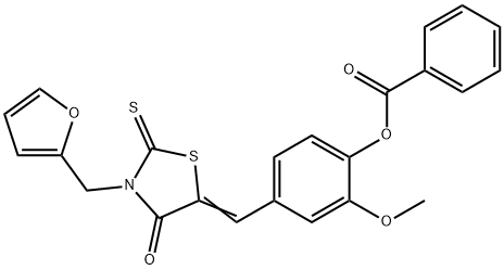 (E)-4-((3-(furan-2-ylmethyl)-4-oxo-2-thioxothiazolidin-5-ylidene)methyl)-2-methoxyphenyl benzoate Struktur