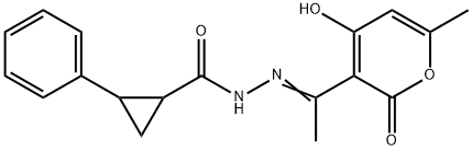 (E)-N'-(1-(4-hydroxy-6-methyl-2-oxo-2H-pyran-3-yl)ethylidene)-2-phenylcyclopropanecarbohydrazide Struktur