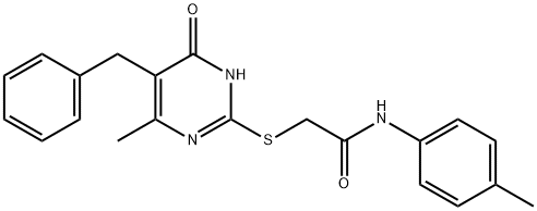 2-[(5-benzyl-4-methyl-6-oxo-1,6-dihydropyrimidin-2-yl)sulfanyl]-N-(4-methylphenyl)acetamide Struktur