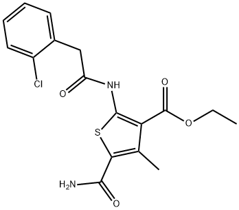 ethyl 5-carbamoyl-2-(2-(2-chlorophenyl)acetamido)-4-methylthiophene-3-carboxylate Struktur