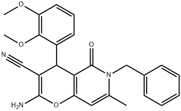 2-amino-6-benzyl-4-(2,3-dimethoxyphenyl)-7-methyl-5-oxo-5,6-dihydro-4H-pyrano[3,2-c]pyridine-3-carbonitrile Struktur