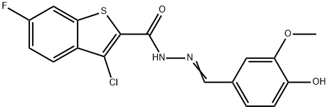 (E)-3-chloro-6-fluoro-N'-(4-hydroxy-3-methoxybenzylidene)benzo[b]thiophene-2-carbohydrazide Struktur