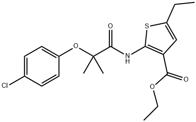 ethyl 2-(2-(4-chlorophenoxy)-2-methylpropanamido)-5-ethylthiophene-3-carboxylate Struktur