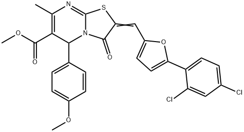 (E)-methyl 2-((5-(2,4-dichlorophenyl)furan-2-yl)methylene)-5-(4-methoxyphenyl)-7-methyl-3-oxo-3,5-dihydro-2H-thiazolo[3,2-a]pyrimidine-6-carboxylate Struktur