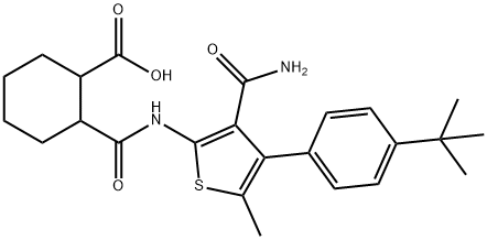 2-((4-(4-(tert-butyl)phenyl)-3-carbamoyl-5-methylthiophen-2-yl)carbamoyl)cyclohexanecarboxylic acid Struktur