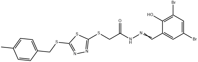 N'-[(E)-(3,5-dibromo-2-hydroxyphenyl)methylidene]-2-({5-[(4-methylbenzyl)sulfanyl]-1,3,4-thiadiazol-2-yl}sulfanyl)acetohydrazide Struktur