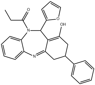 1-[11-(furan-2-yl)-1-hydroxy-3-phenyl-2,3,4,11-tetrahydro-10H-dibenzo[b,e][1,4]diazepin-10-yl]propan-1-one Struktur