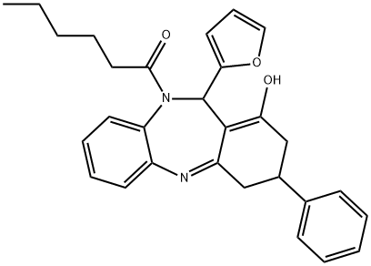 1-[11-(furan-2-yl)-1-hydroxy-3-phenyl-2,3,4,11-tetrahydro-10H-dibenzo[b,e][1,4]diazepin-10-yl]hexan-1-one Struktur