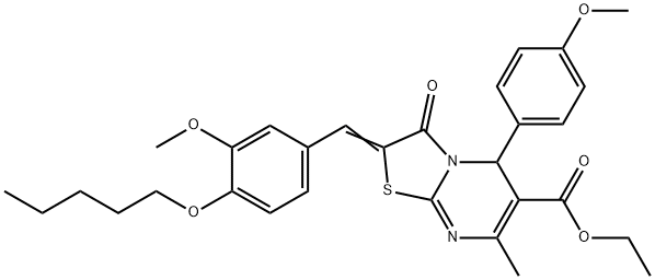 (E)-ethyl 2-(3-methoxy-4-(pentyloxy)benzylidene)-5-(4-methoxyphenyl)-7-methyl-3-oxo-3,5-dihydro-2H-thiazolo[3,2-a]pyrimidine-6-carboxylate Struktur