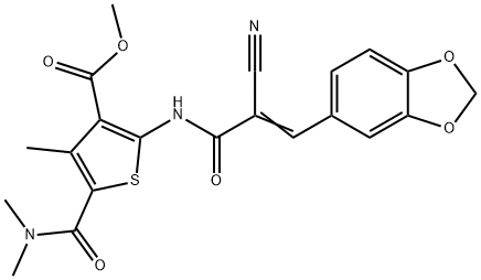 (E)-methyl 2-(3-(benzo[d][1,3]dioxol-5-yl)-2-cyanoacrylamido)-5-(dimethylcarbamoyl)-4-methylthiophene-3-carboxylate Struktur