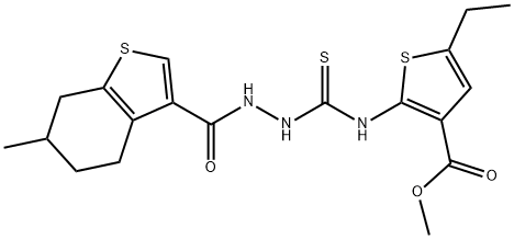 methyl 5-ethyl-2-(2-(6-methyl-4,5,6,7-tetrahydrobenzo[b]thiophene-3-carbonyl)hydrazinecarbothioamido)thiophene-3-carboxylate Struktur