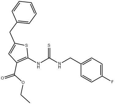 ethyl 5-benzyl-2-(3-(4-fluorobenzyl)thioureido)thiophene-3-carboxylate Struktur