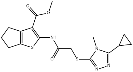 methyl 2-(2-((5-cyclopropyl-4-methyl-4H-1,2,4-triazol-3-yl)thio)acetamido)-5,6-dihydro-4H-cyclopenta[b]thiophene-3-carboxylate Struktur