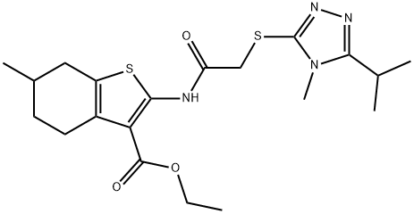 ethyl 2-(2-((5-isopropyl-4-methyl-4H-1,2,4-triazol-3-yl)thio)acetamido)-6-methyl-4,5,6,7-tetrahydrobenzo[b]thiophene-3-carboxylate Struktur